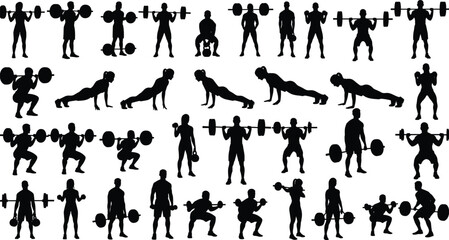 Fitness workout silhouettes set featuring weightlifting squats pushups exercises, male athletes training strength gym routines isolated illustration