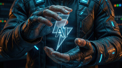 Futuristic ai symbol neon glow cyberpunk technology hand hologram lightning power energy concept digital innovation