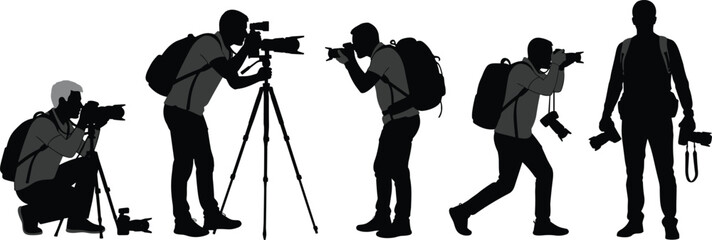 Professional photographer silhouettes using camera and tripod in different shooting poses isolated on white background, photography workflow illustration set © Jisan World