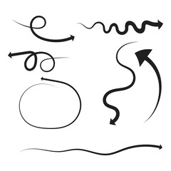 Hand drawn curved arrows set illustrating motion direction and flow