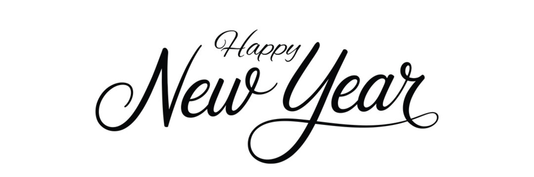 Happy New Year minimal calligraphy typography design with elegant hand lettering isolated on white background for holiday celebration