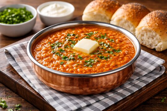 Traditional indian street food pav bhaji served in a copper bowl with butter and bread rolls