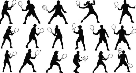 Tennis player silhouettes hitting forehand backhand serves, professional athletes in action poses, racket sport training illustration isolated vector collection dynamic