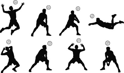 Volleyball player silhouettes showing jumping digging receiving blocking actions, professional athletes sports movement isolated illustration set collection