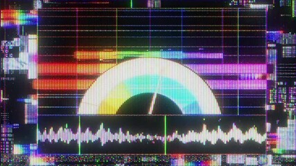 4K Digital data monitoring interface animation, circular gauge visualization and waveform graph on technical screen, multicolor signal lines, grid layout and numeric overlays, complex system dashboard - Powered by Adobe