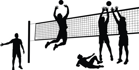 Volleyball player silhouettes jumping and blocking at net isolated on white background, competitive team sport action, match play illustration set