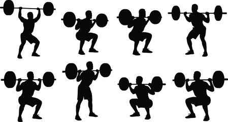 Weightlifting squat silhouette sequence, barbell strength training poses, powerlifting workout routine, gym fitness athletes, isolated black figures illustration set