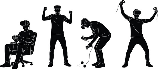 Virtual reality silhouette set of male gamers using VR headset and controllers in seated, standing, and interactive gaming poses vector © anisur-creatives