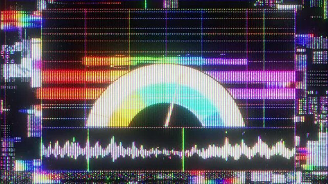 4K Digital data monitoring interface animation, circular gauge visualization and waveform graph on technical screen, multicolor signal lines, grid layout and numeric overlays, complex system dashboard