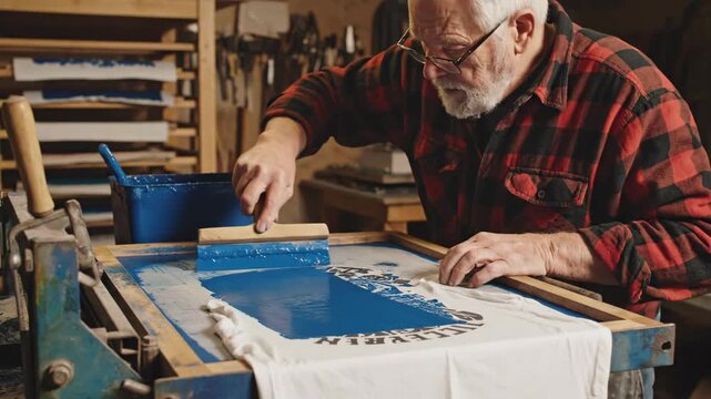 An experienced artist carefully applies vibrant blue ink on fabric in a warm workshop. Each stroke showcases his dedication to craftsmanship and tradition.