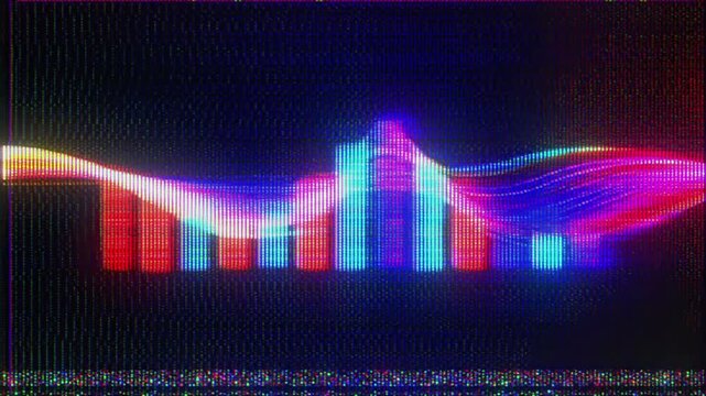 4K Digital audio data visualization animation, colorful equalizer bars rising beneath flowing waveform line, CRT style scanlines and subtle noise, rhythmic signal movement across dark screen