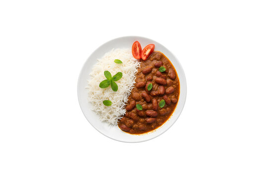Classic Indian meal chaawal rajma masala with zesty curry sauce and a slice of tomato, featuring boiled red kidney beans and rice, set against a clean white backdrop.