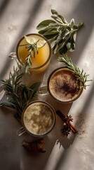 Cozy winter hot drinks with spices in warm natural lighting