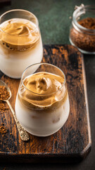 Creamy whipped Dalgona coffee served in elegant glasses on a rustic wooden board with coffee grounds