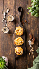Freshly baked pastries arranged on a wooden board with coffee and decorative elements