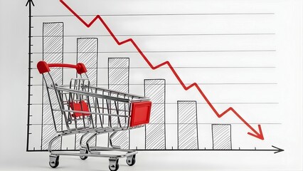 Shopping cart on a downward trending graph indicating a decline in sales or economic downturn