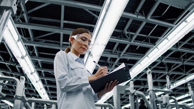 female engineer wearing safety glasses and industrial uniform, holding a clipboard while inspecting large machinery inside a modern factory