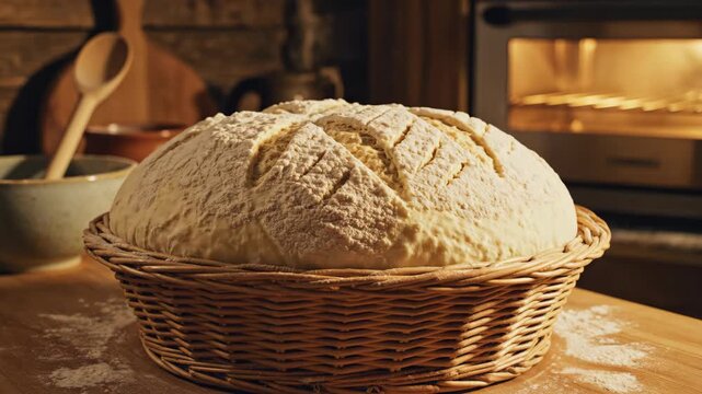 Baking bread in a charming kitchen, dough rises in a basket, surrounded by rustic tools. The warm atmosphere invites everyone to enjoy the simple joys of homemade treats.