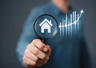 A person holds a magnifying glass over a house icon, with a rising graph, symbolizing real estate growth and market analysis.