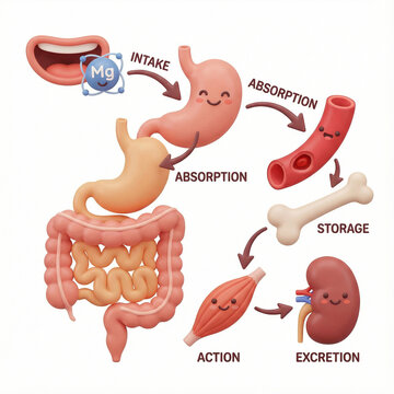 3D educational illustration of magnesium metabolism in the human body, showing intake, absorption in the digestive system, transport through blood, storage in bones, muscular action, and excretion.