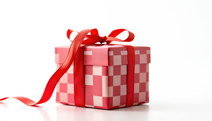 Gift Box Cherry red with checkerboard design, energetic ribbon, isolated transparent background, lively product focus.