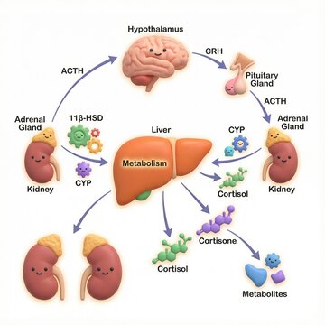 A clean and friendly 3D medical illustration visualizing cortisol metabolism and the HPA axis, showing interactions between the hypothalamus, pituitary gland, adrenal glands, kidneys, and liver. 