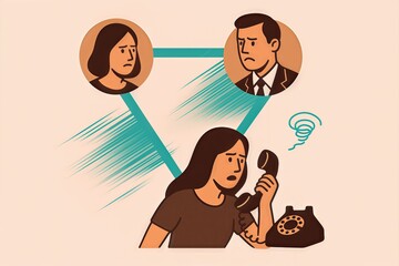 Naklejka premium Emotional turmoil captured through a woman’s distressing phone call connecting two distant individuals reflecting conflict and unresolved feelings in a complicated relationship dynamic
