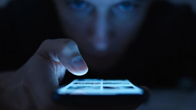 Obsessed Person Browsing Social Media on Phone Late Night Cyberbullying