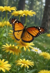 Obraz premium A delicate monarch butterfly with soft green wings and a white underside rests on a bright yellow daisy in a serene forest meadow, soft wings, wildlife, green trees