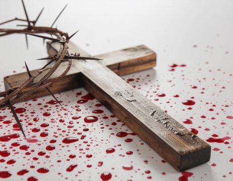 Wooden Christian Cross and Crown of Thorns Covered in Drops of Blood on a White Background