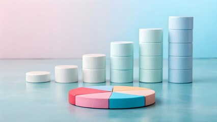 Floating minimal 3D pie charts and stacked bar graphs on a clean light blue background