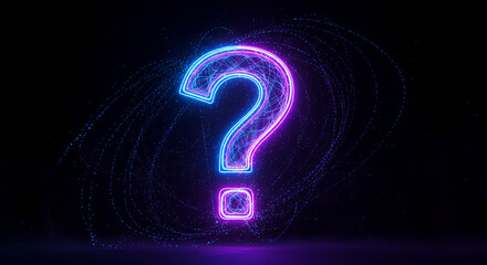 Glowing neon question mark with blue and magenta lines on a dark background, symbolizing uncertainty, inquiry, and technological mystery
