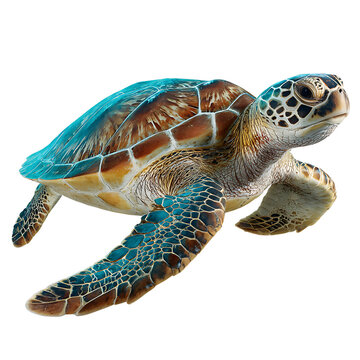 Sea turtle swimming with intricate shell patterns on black background Keywords: sea turtle isolated on a transparent background
