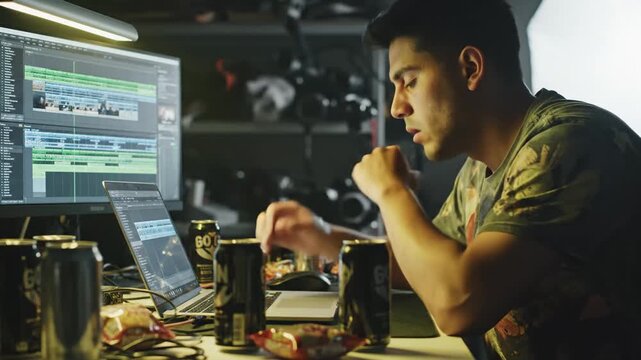 Concentrated Content Creator Working Hard Editing Timeline