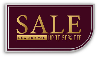 Gold burgundy sale banner promotion with elegant premium design displays new arrival message up to 50% off, isolated transparent PNG