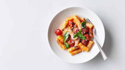 Pasta Perfection: A culinary masterpiece features meticulously arranged rigatoni pasta bathed in a rich tomato sauce, garnished with fresh basil leaves and a sprinkle of parmesan cheese.