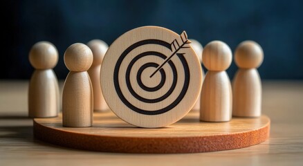 A wooden target with an arrow is surrounded by figurines, symbolizing focus and goal achievement in a collaborative setting.