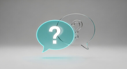 Two speech bubble shapes, one turquoise with a question mark, and a glass one with a question mark, suggesting questions, answers and clarity