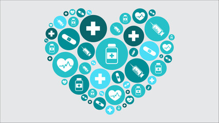 A heart shape formed by various blue and teal medical and healthcare icons like crosses, syringes, band-aids, and pill bottles on a grey background.