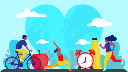 Vibrant illustration of people enjoying a healthy lifestyle, featuring cycling, yoga, and running, alongside wellness symbols like an apple, water bottle, and alarm clock