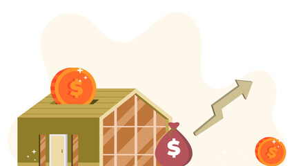 Illustration of a house-shaped piggy bank with dollar coins and a money bag, symbolizing savings and financial growth in real estate.