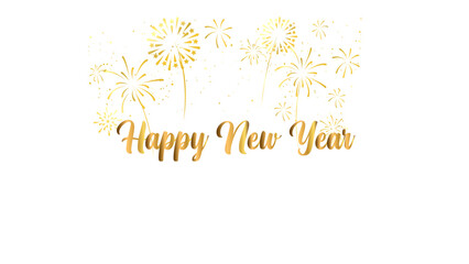 Golden 'Happy New Year' text with sparkling fireworks celebrating the festive holiday season against a clean white background.