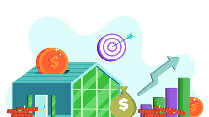 Illustration of financial growth, savings, investment, and achieving money goals with a house, coins, money bag, target, and upward graph.