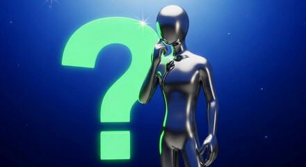 Rendering of metal human figure contemplating a green question mark against a dark blue backdrop, representing uncertainty, inquiry, solution and problem