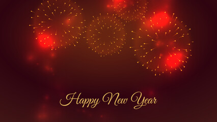 Happy New Year greeting card with sparkling red and orange fireworks exploding against a dark red background, celebrating the festive season.