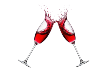 Two elegant crystal champagne flutes frozen mid-clink, with a massive ruby liquid splash and effervescence, high-speed macro shot on a transparent background. Concept for high-energy celebration