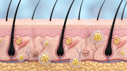 Cross-section view of human skin layers showing hair follicles, sebaceous glands, and tissue structures in medical illustration