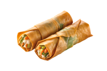 Two crispy golden-brown spring rolls filled with fresh vegetables, isolated on a clean white background.