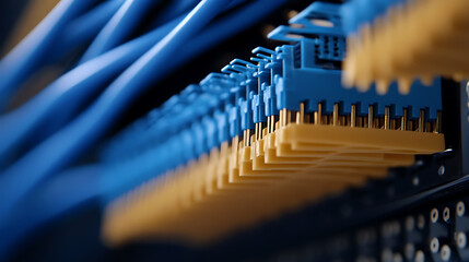 Macro shot of a server cable assembly. Blue cables connect to yellow and blue connectors with gold pins, installed in a server rack for data transfer and network connectivity.