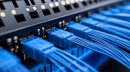 Network cables plugged into a switch, signifying connectivity and data transfer. The cables are neatly arranged, emphasizing organization and functionality within the network setup.